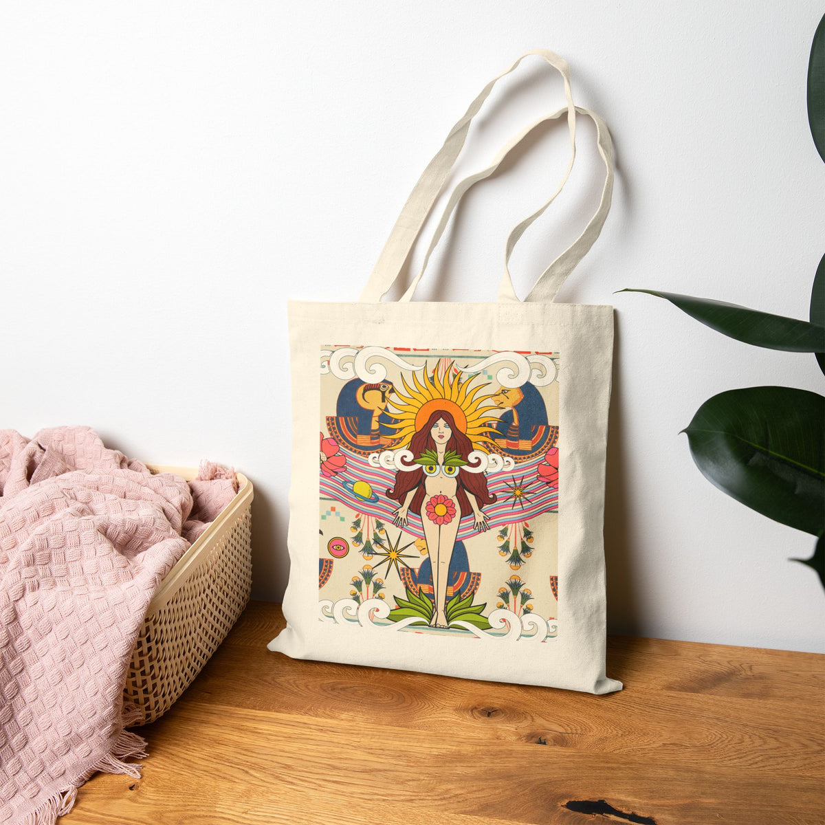 Psychedelic Sun Goddess Tote Bag | Boho Mystic Hands Tote