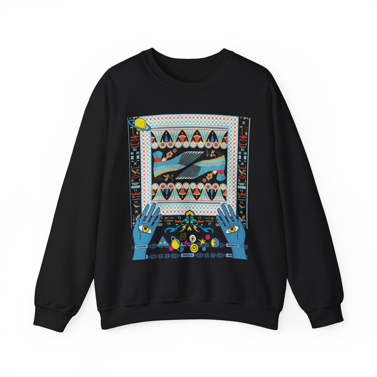 Folk Art Whale Sweatshirt - Boho Mystic Hands Crewneck, Retro Ocean Graphic Unisex Sweater