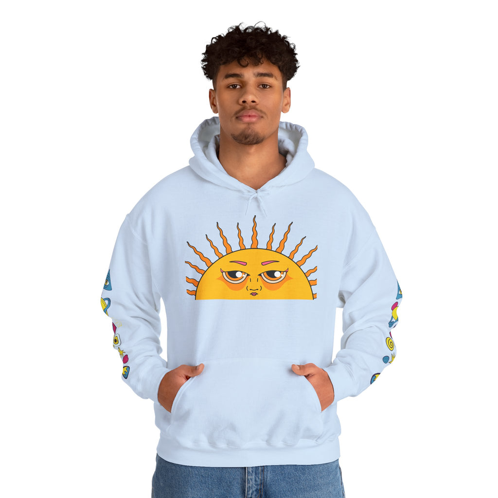 Sleepy Sun Hoodie - Psychedelic Retro 70s Sunrise Graphic Sweatshirt with Sleeve Print