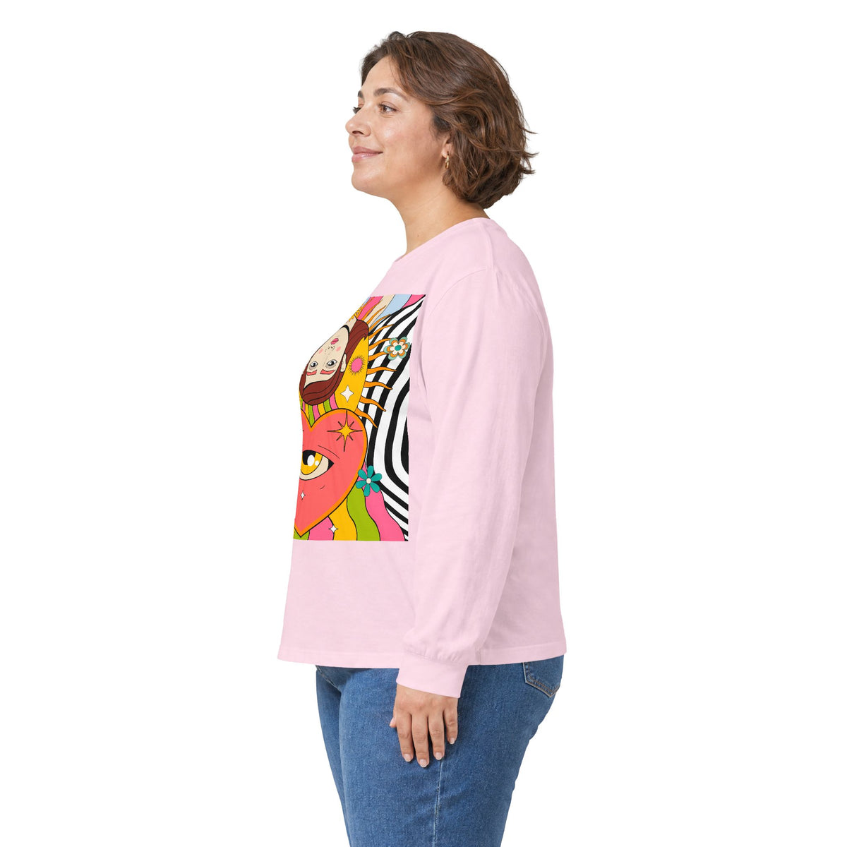 Psychedelic Sun Long Sleeve Shirt - Retro 70s Trippy Portrait Graphic Tee with Smiling Sun Back Print