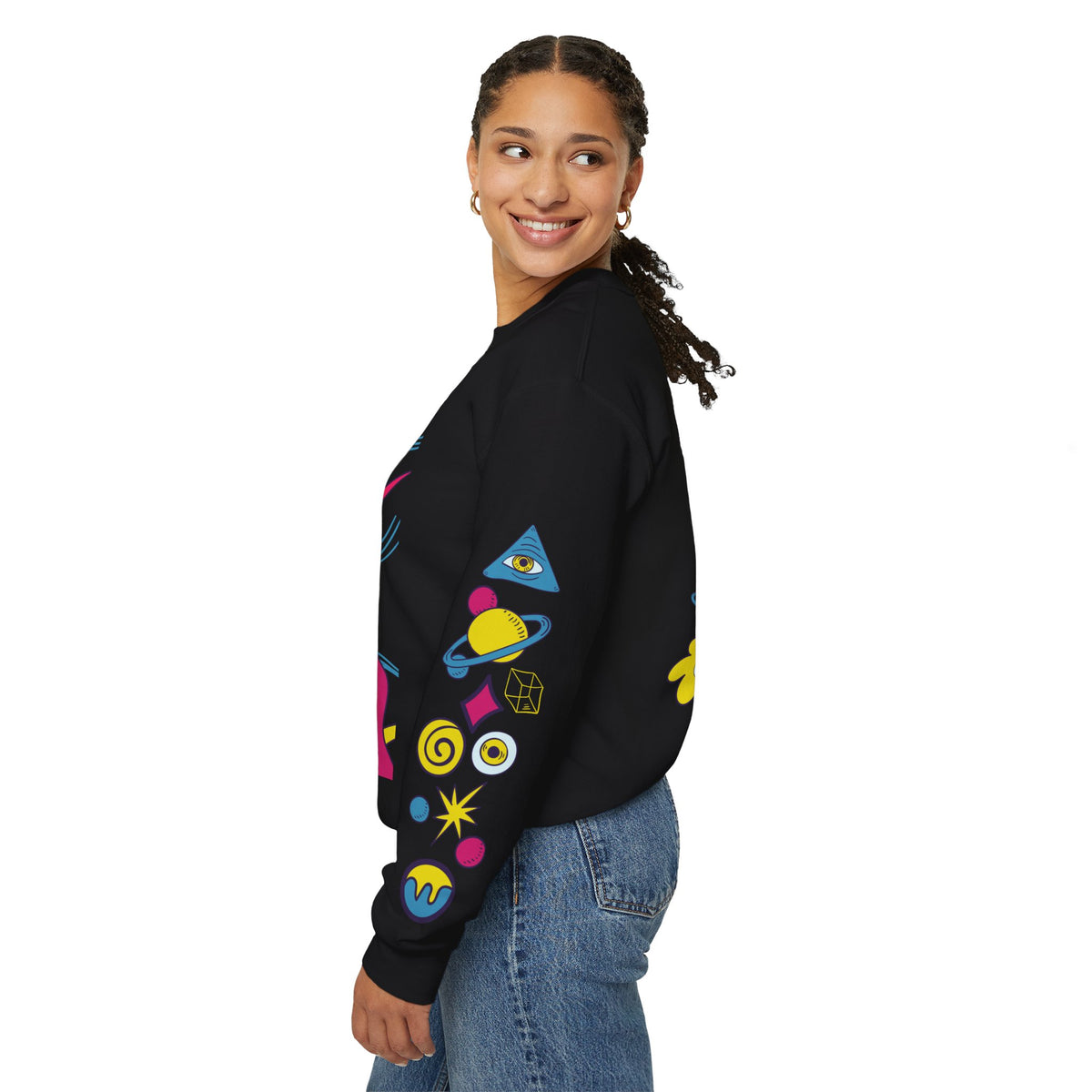 Psychedelic Third Eye Hand Sweatshirt - Cosmic All-Seeing Eye Crewneck with Neon Floral Sleeve Print