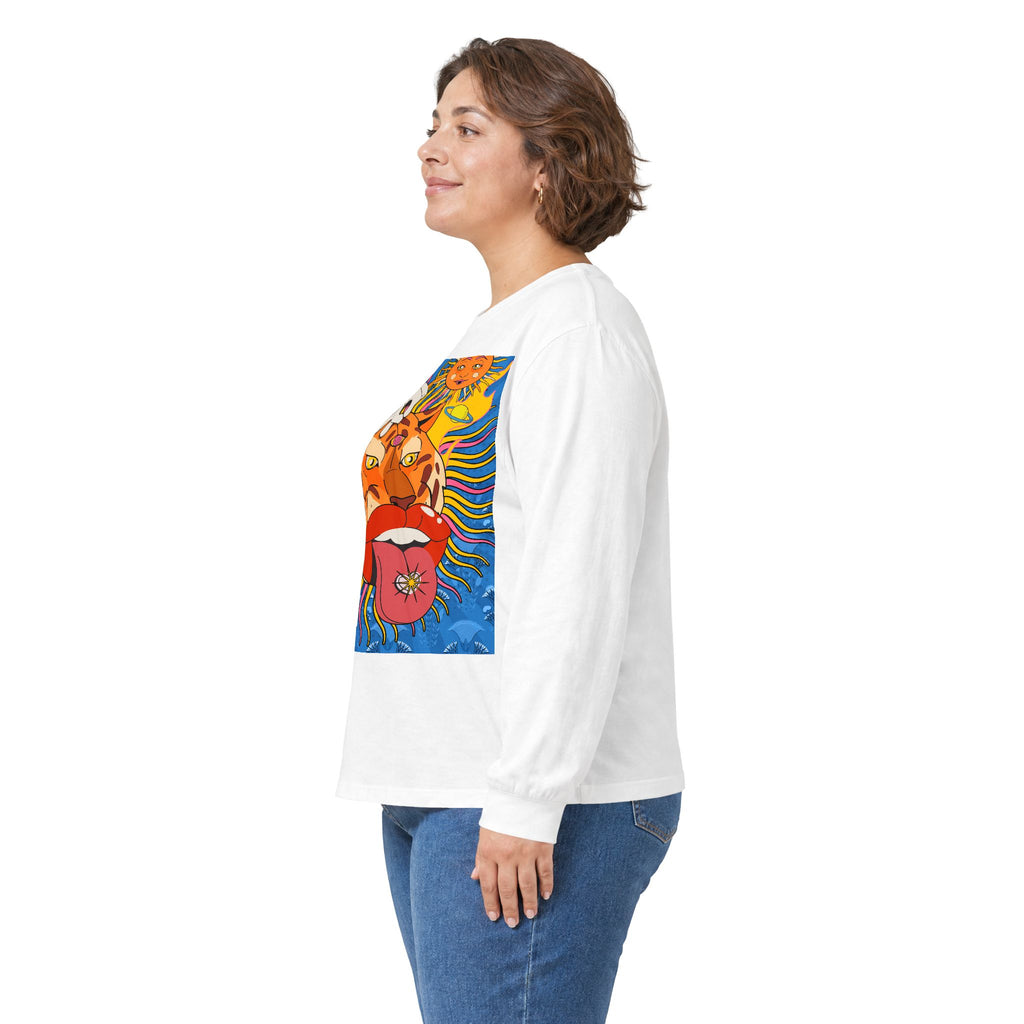 Psychedelic Sun Tiger Face long sleeve tee | Blue Hands Back Graphic