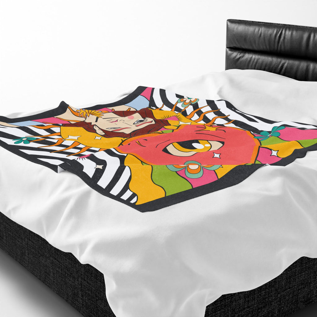 Psychedelic Heart Eye Illustration Velveteen Plush Blanket | Retro Rainbow Floral