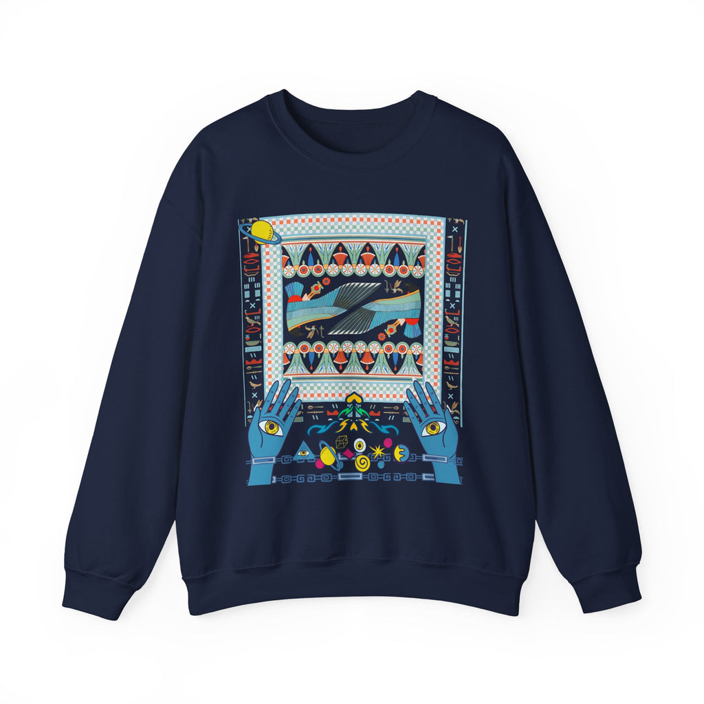 Folk Art Whale Sweatshirt - Boho Mystic Hands Crewneck, Retro Ocean Graphic Unisex Sweater