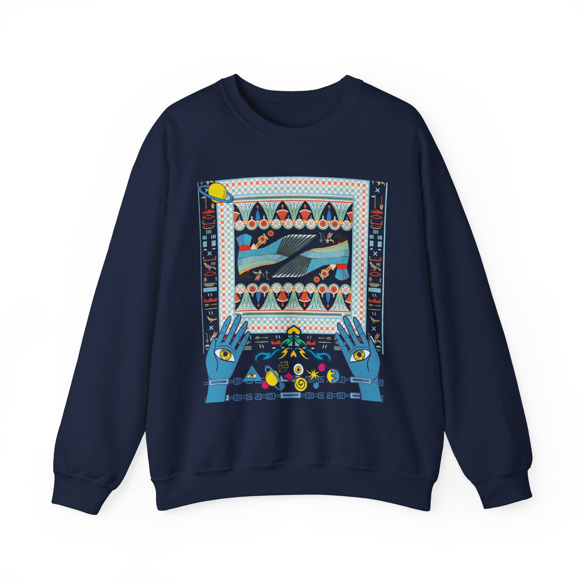 Folk Art Whale Sweatshirt - Boho Mystic Hands Crewneck, Retro Ocean Graphic Unisex Sweater