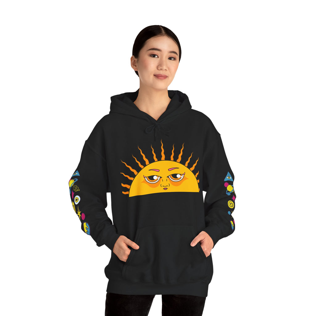 Sleepy Sun Hoodie - Psychedelic Retro 70s Sunrise Graphic Sweatshirt with Sleeve Print