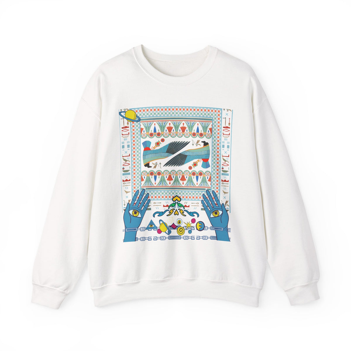 Folk Art Whale Sweatshirt - Boho Mystic Hands Crewneck, Retro Ocean Graphic Unisex Sweater