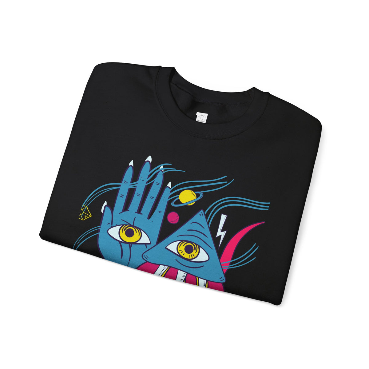 Psychedelic Third Eye Hand Sweatshirt - Cosmic All-Seeing Eye Crewneck with Neon Floral Sleeve Print