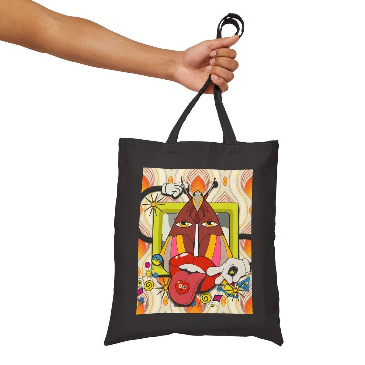 Abstract Retro Face Art Tote | Psychedelic Floral 70s Pattern