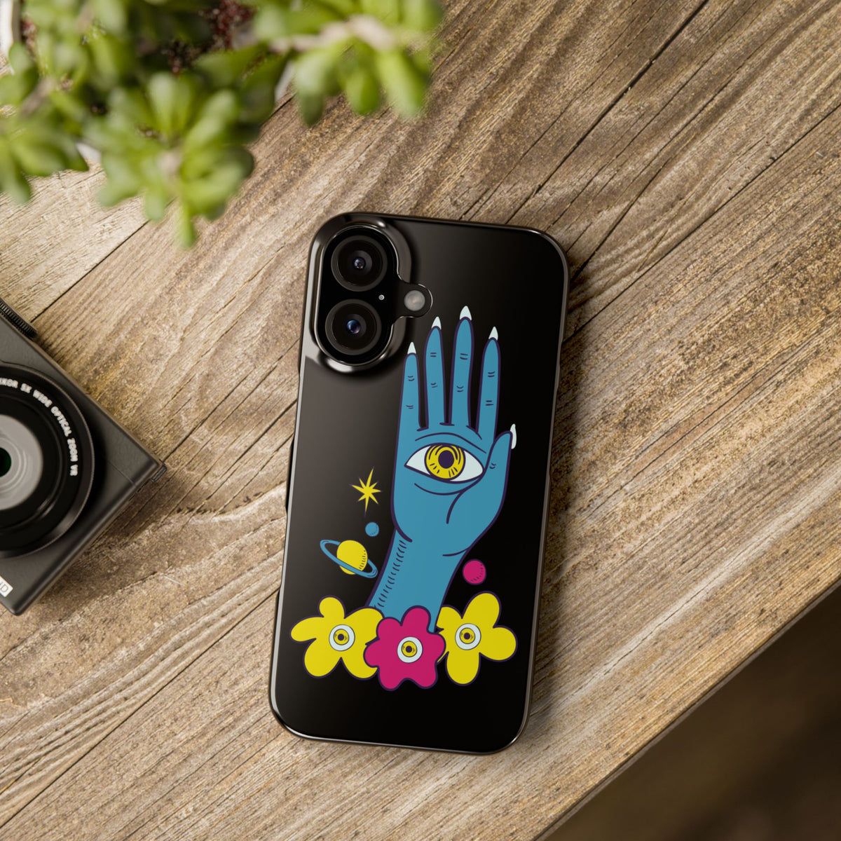 Mystic Hand iPhone 16 Case - Blue Hamsa All-Seeing Eye Phone Case, Boho Celestial Floral Glossy Case