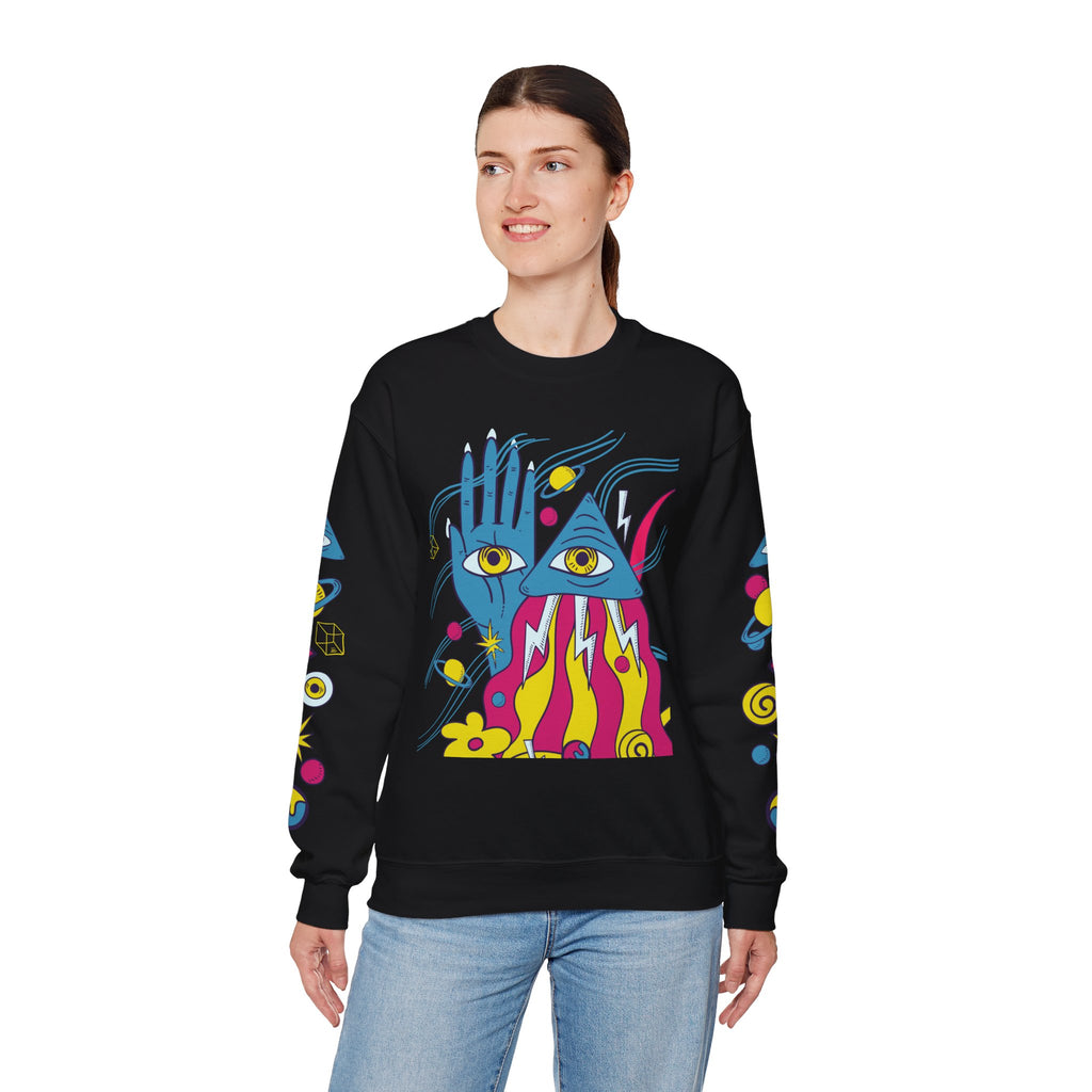Psychedelic Third Eye Hand Sweatshirt - Cosmic All-Seeing Eye Crewneck with Neon Floral Sleeve Print