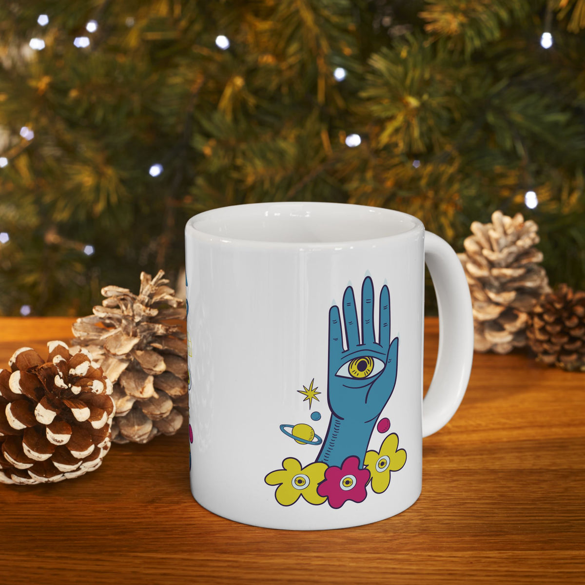 Mystic Hand Coffee Mug 11oz - Blue Hamsa All-Seeing Eye Ceramic Mug, Boho Celestial Floral Tea Cup Gift