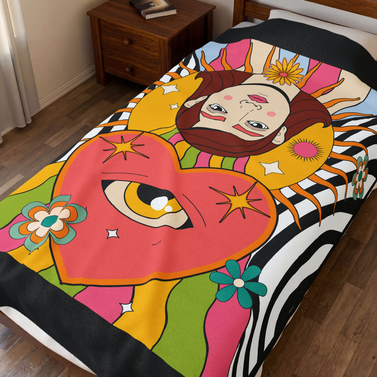 Psychedelic Heart Eye Illustration Velveteen Plush Blanket | Retro Rainbow Floral