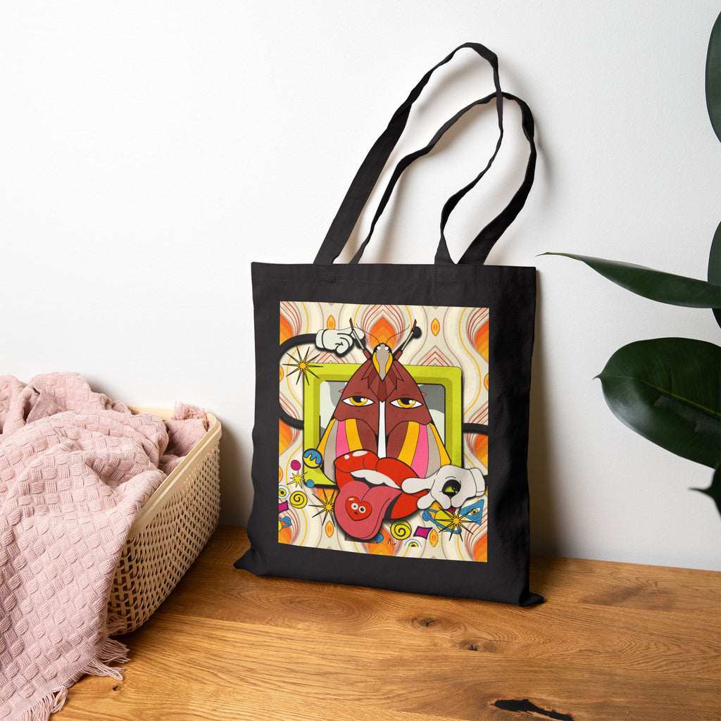 Abstract Retro Face Art Tote | Psychedelic Floral 70s Pattern