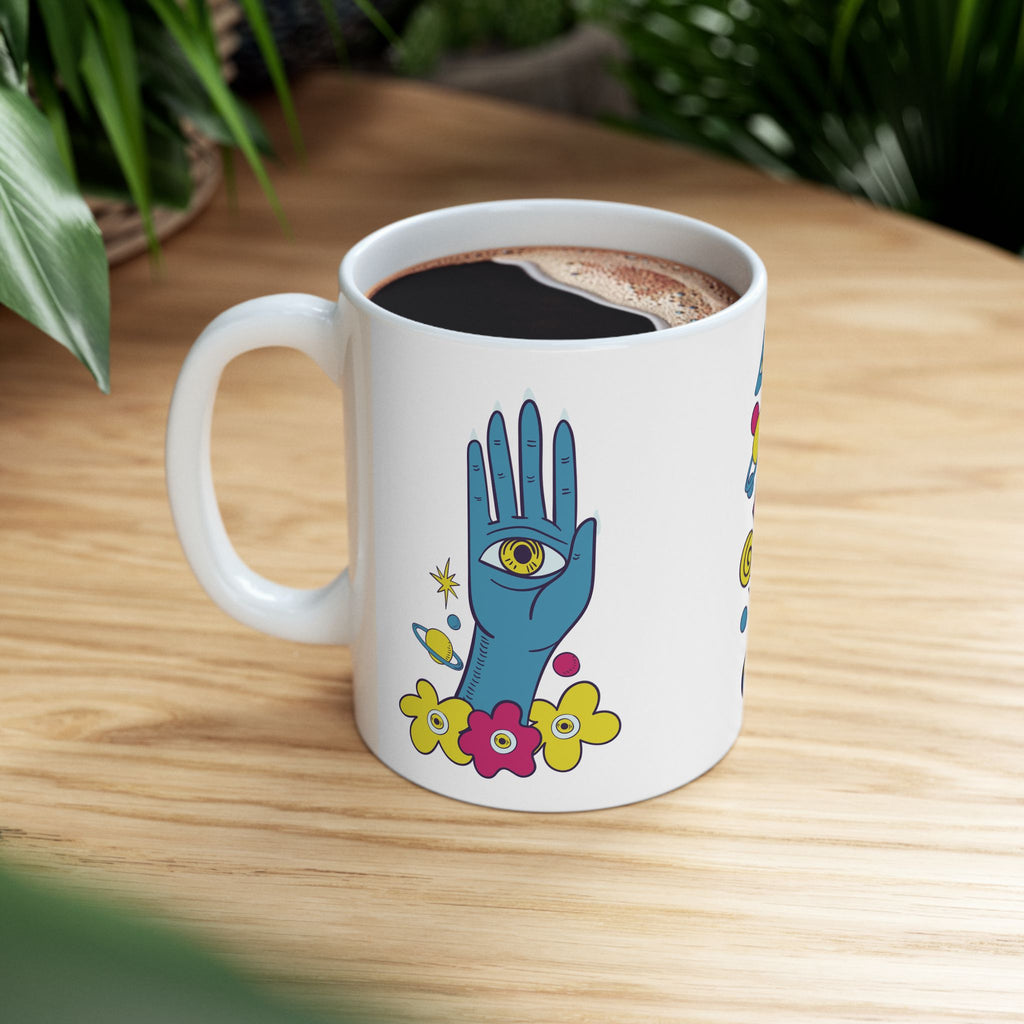 Mystic Hand Coffee Mug 11oz - Blue Hamsa All-Seeing Eye Ceramic Mug, Boho Celestial Floral Tea Cup Gift