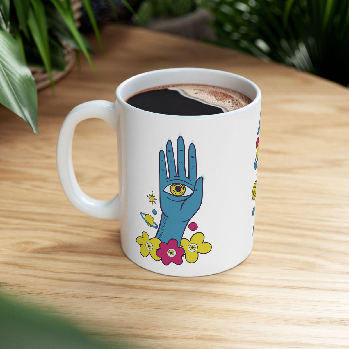 Mystic Hand Coffee Mug 11oz - Blue Hamsa All-Seeing Eye Ceramic Mug, Boho Celestial Floral Tea Cup Gift