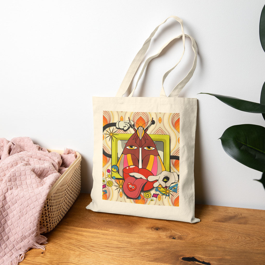Abstract Retro Face Art Tote | Psychedelic Floral 70s Pattern