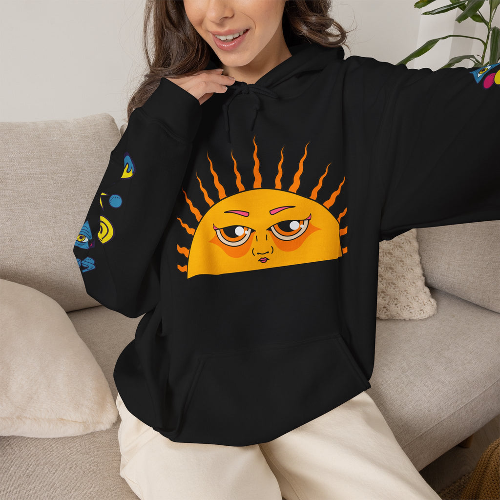 Sleepy Sun Hoodie - Psychedelic Retro 70s Sunrise Graphic Sweatshirt with Sleeve Print