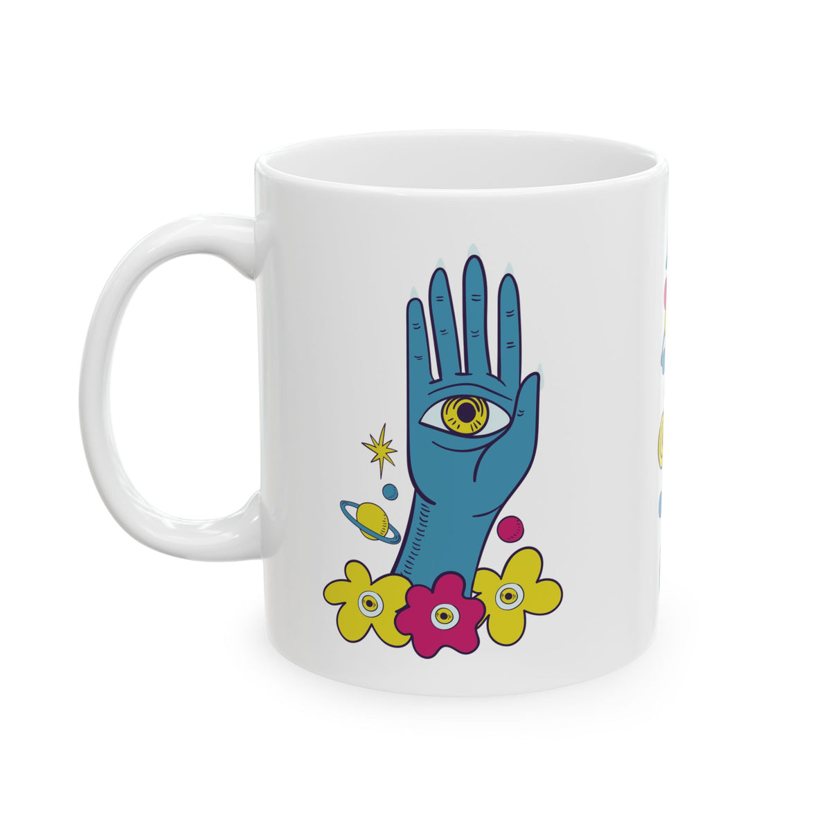 Mystic Hand Coffee Mug 11oz - Blue Hamsa All-Seeing Eye Ceramic Mug, Boho Celestial Floral Tea Cup Gift