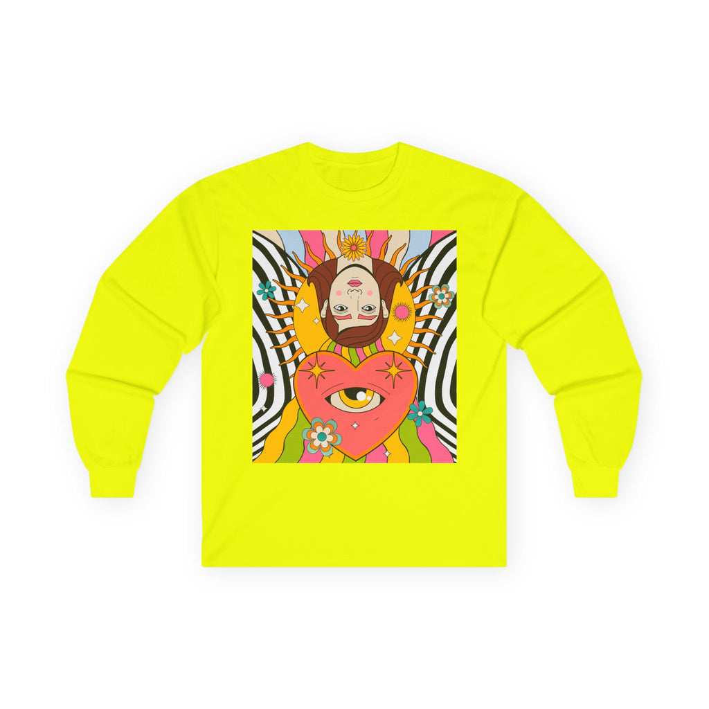 Psychedelic Sun Long Sleeve Shirt - Retro 70s Trippy Portrait Graphic Tee with Smiling Sun Back Print