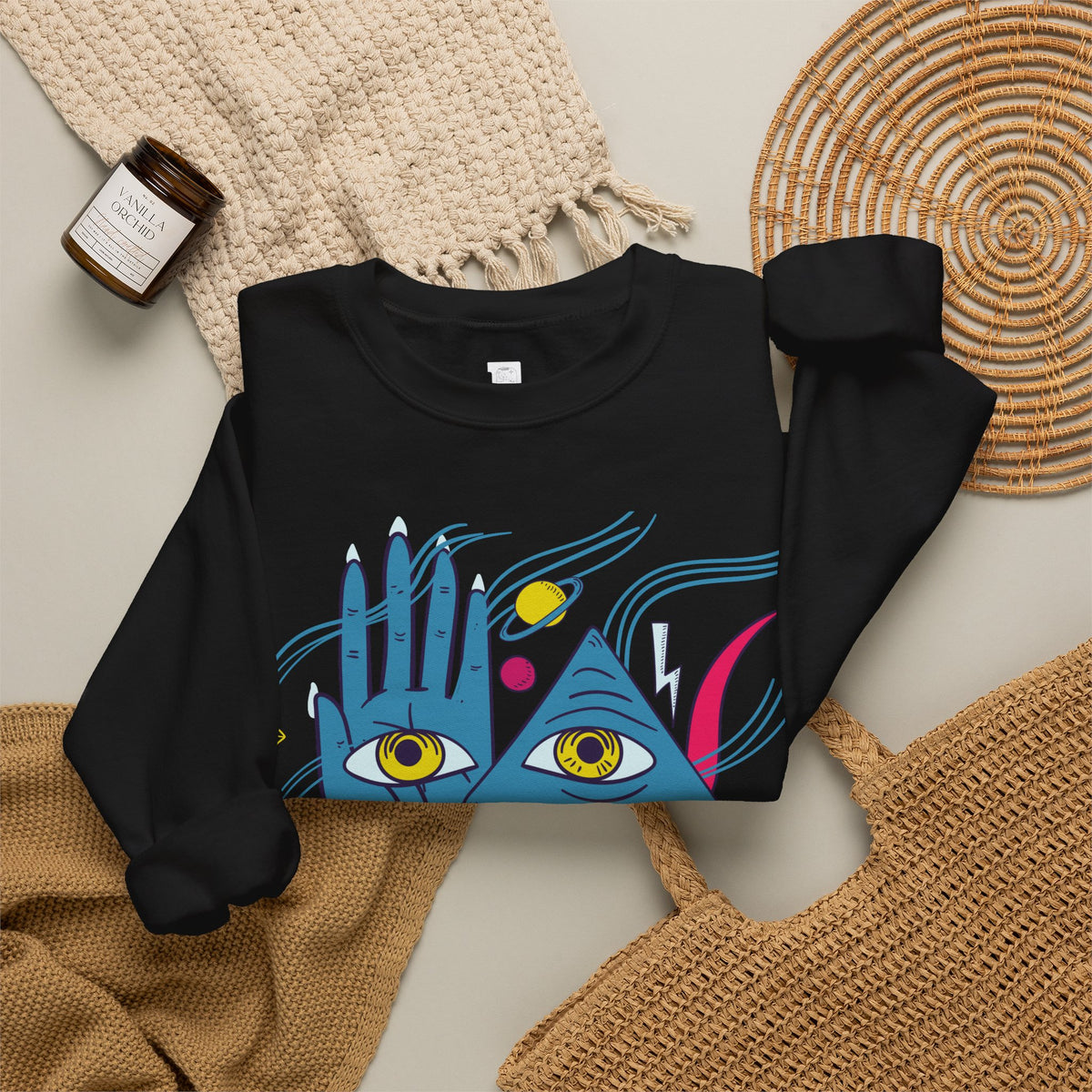 Psychedelic Third Eye Hand Sweatshirt - Cosmic All-Seeing Eye Crewneck with Neon Floral Sleeve Print