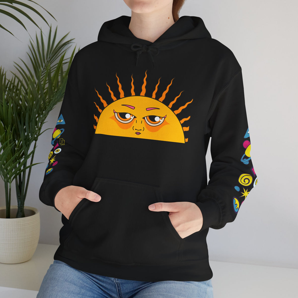 Sleepy Sun Hoodie - Psychedelic Retro 70s Sunrise Graphic Sweatshirt with Sleeve Print
