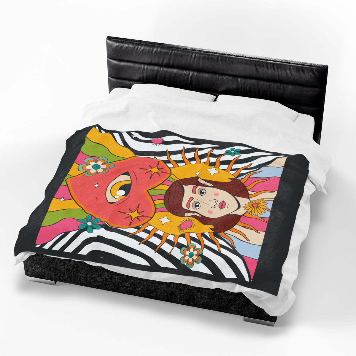 Psychedelic Heart Eye Illustration Velveteen Plush Blanket | Retro Rainbow Floral
