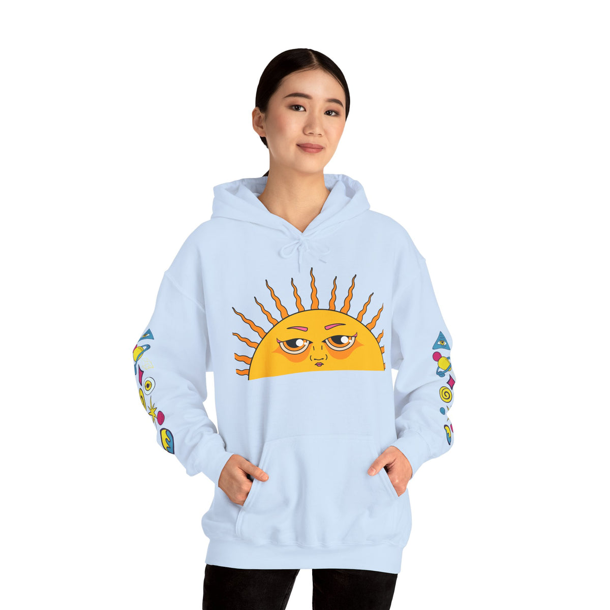 Sleepy Sun Hoodie - Psychedelic Retro 70s Sunrise Graphic Sweatshirt with Sleeve Print