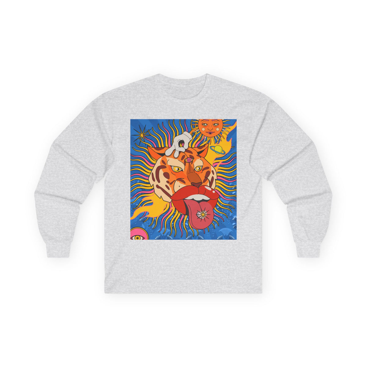 Psychedelic Sun Tiger Face long sleeve tee | Blue Hands Back Graphic