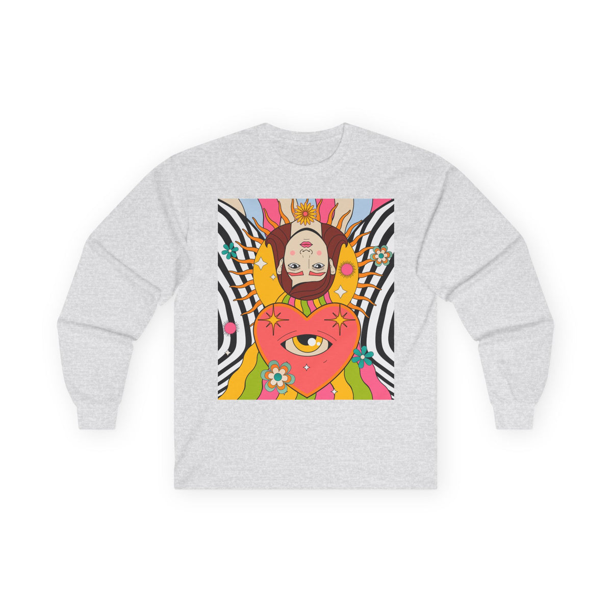 Psychedelic Sun Long Sleeve Shirt - Retro 70s Trippy Portrait Graphic Tee with Smiling Sun Back Print