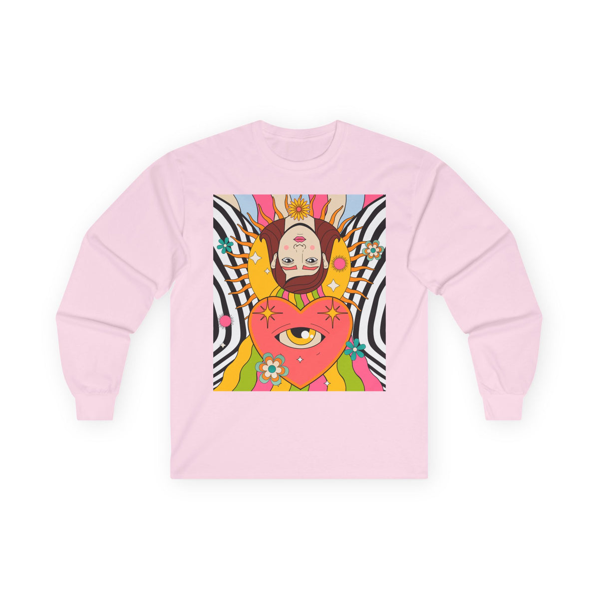Psychedelic Sun Long Sleeve Shirt - Retro 70s Trippy Portrait Graphic Tee with Smiling Sun Back Print