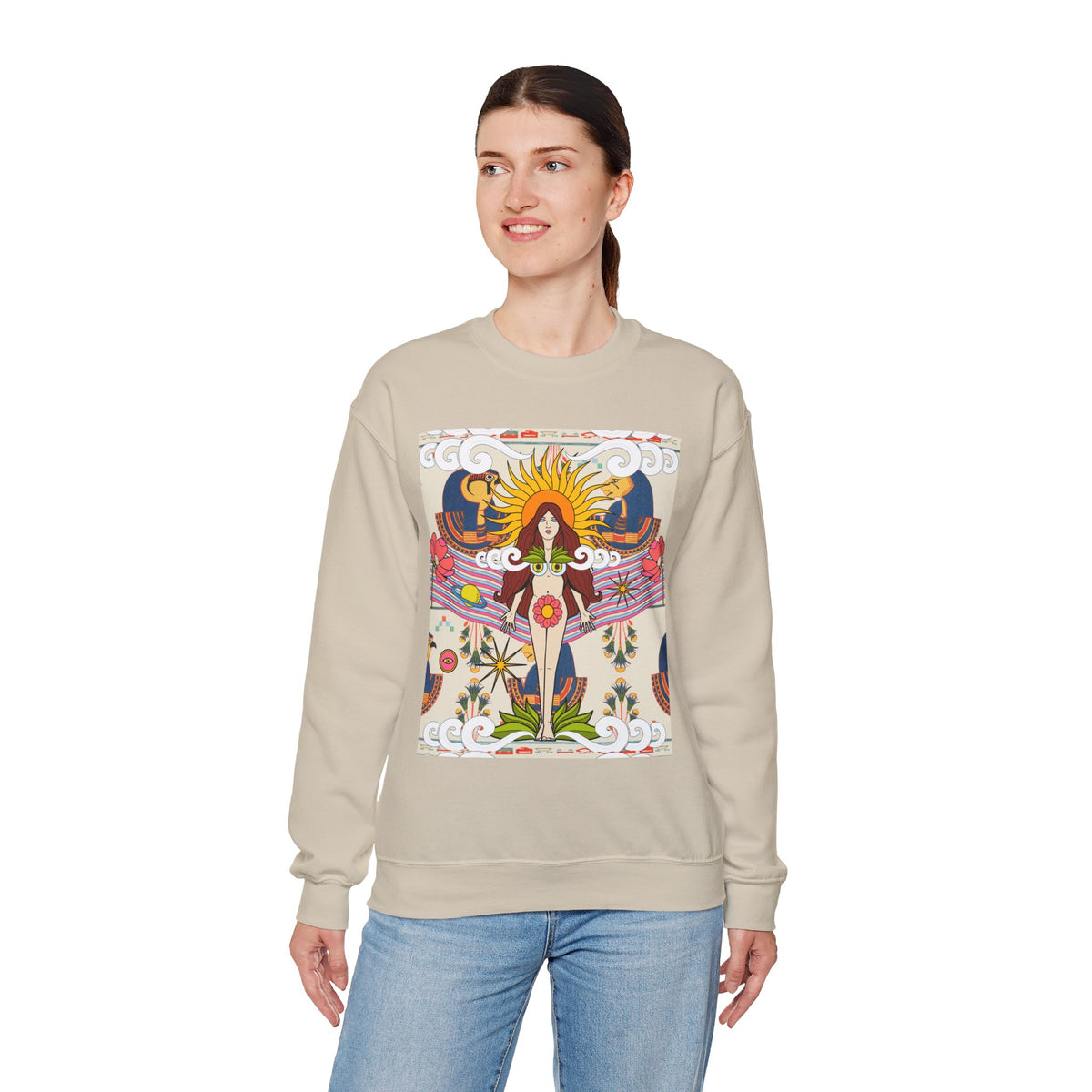 Sun Goddess Illustration Crewneck Sweatshirt | Retro Boho Floral Art