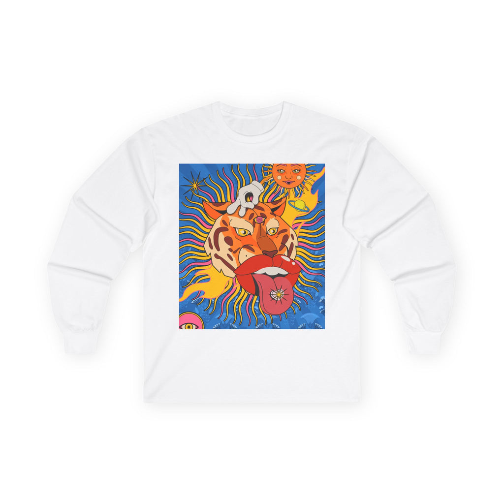 Psychedelic Sun Tiger Face long sleeve tee | Blue Hands Back Graphic