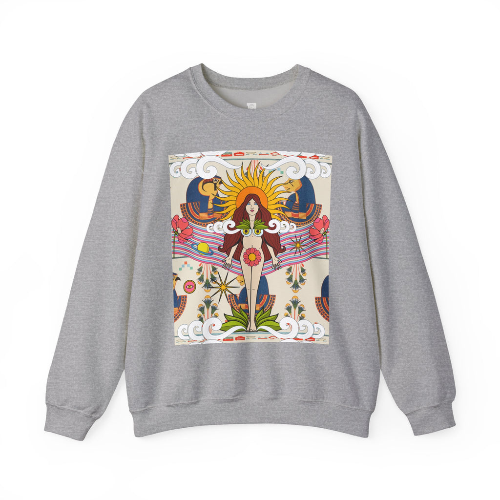 Sun Goddess Illustration Crewneck Sweatshirt | Retro Boho Floral Art
