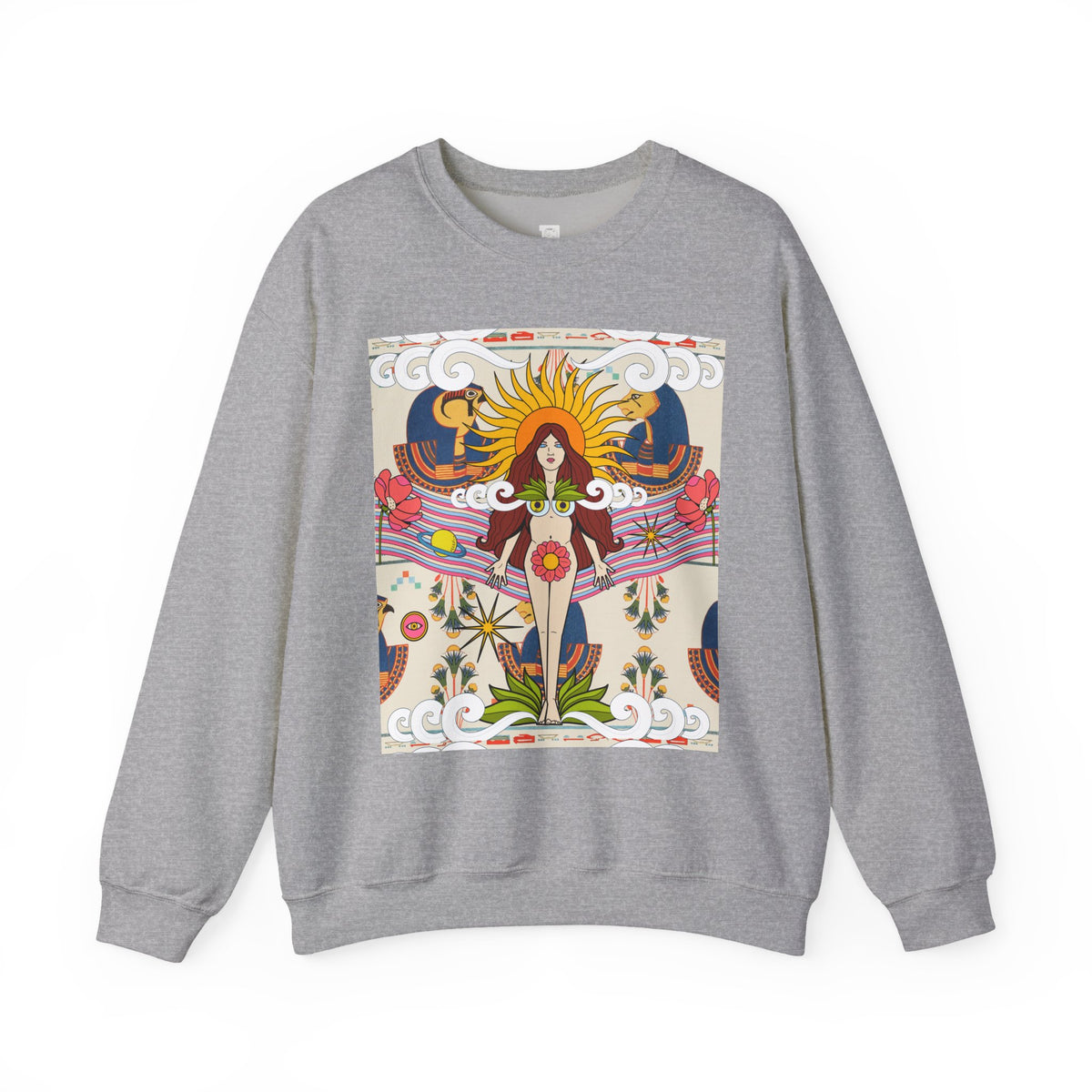 Sun Goddess Illustration Crewneck Sweatshirt | Retro Boho Floral Art